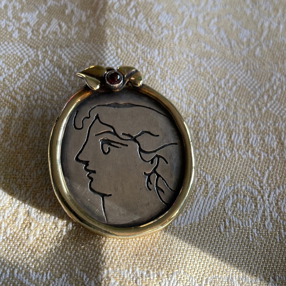 One of a kind silver with gold trim and gemstone brooch, beautiful, 1x1 1/2”